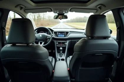 Intérieur de la Peugeot 308 vu depuis la banquette arrière, montrant les sièges avant en cuir, le tableau de bord et l'ergonomie de l'habitacle