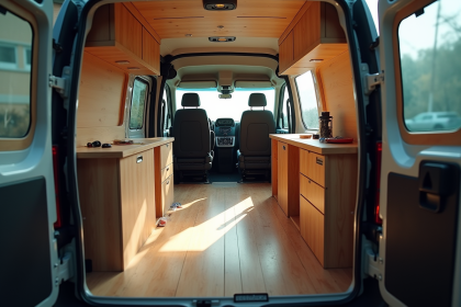 Intérieur d'un Peugeot Expert en conversion camping avec outils