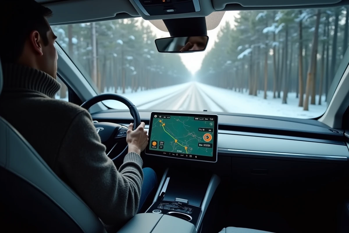 Conducteur consultant l'écran de navigation d'un SUV électrique 4x4 avec autonomie hivernale affichée sur le tableau de bord