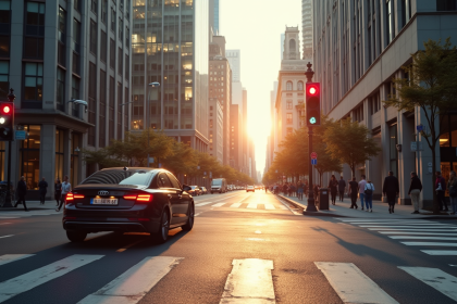 Intersection urbaine moderne avec voiture au feu rouge
