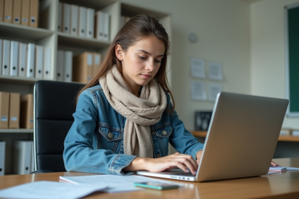 Jeune femme au bureau avec laptop et documents