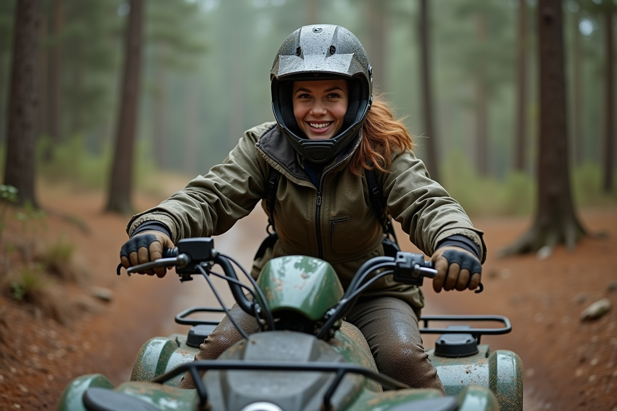 Jeune femme en quad dans la forêt avec sourire confiant