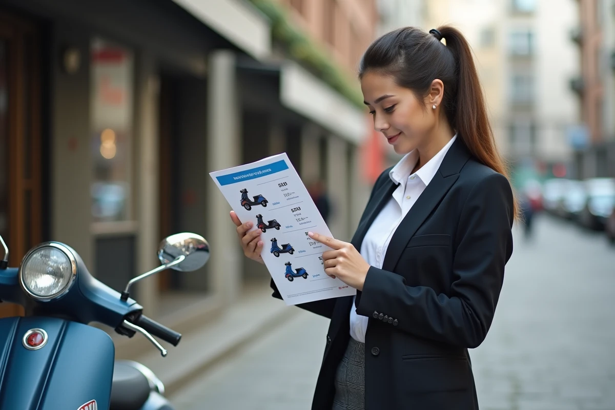 Jeune femme vérifiant un guide de prix scooter en extérieur