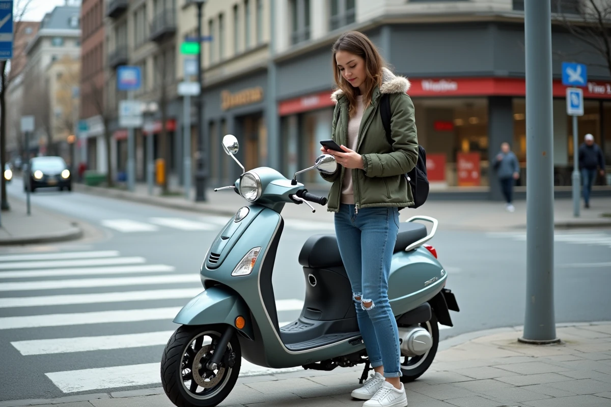 Jeune femme avec scooter en ville vérifiant son smartphone