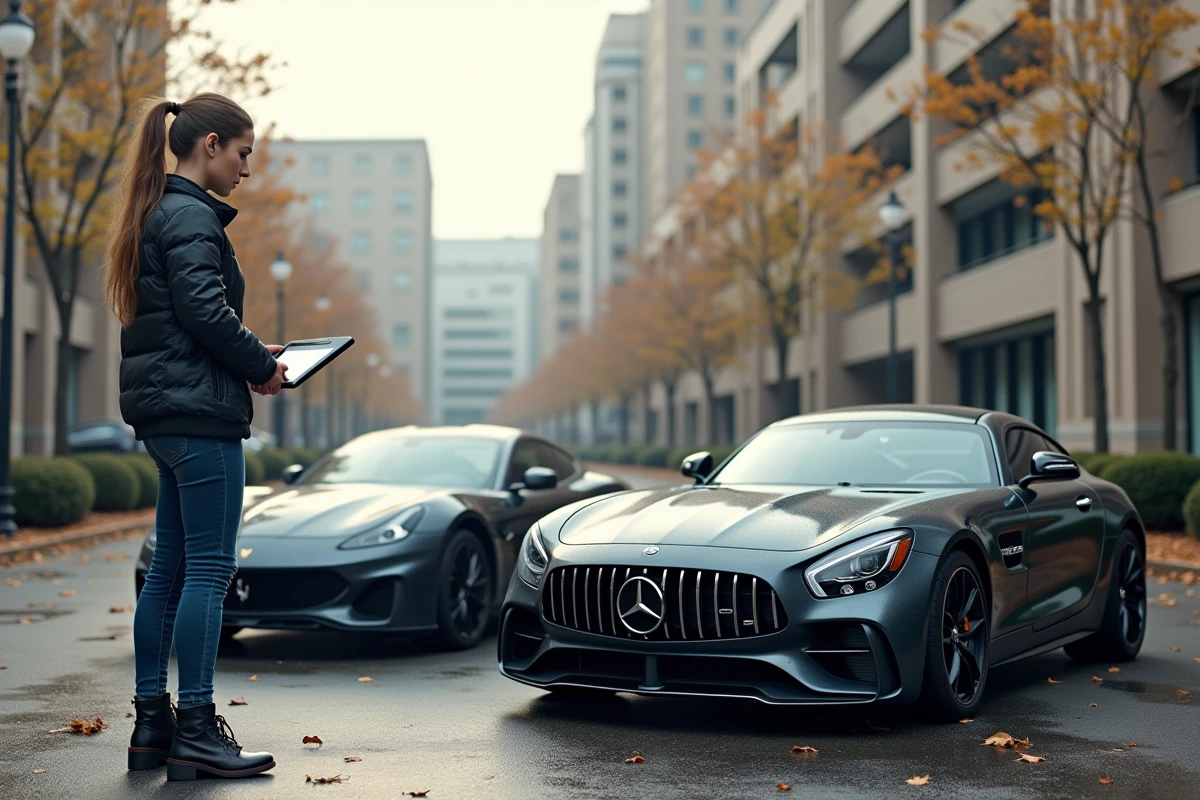 Jeune femme analysant une voiture sportive en ville