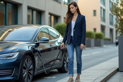 Jeune femme débranchant une voiture électrique en ville
