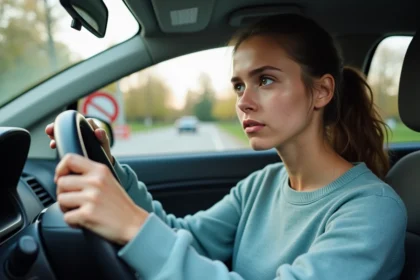 Jeune femme concentrée au volant d'une voiture lors d'un examen du permis de conduire B