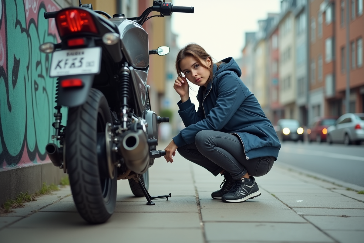 Femme urbaine inspectant le support de moto