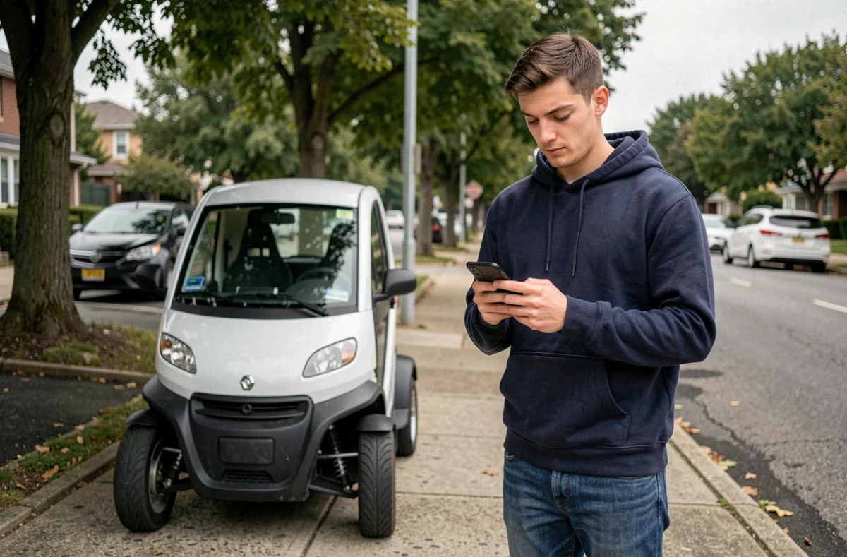 Jeune homme consultant son téléphone pour comparer des assurances à côté d'une voiture sans permis