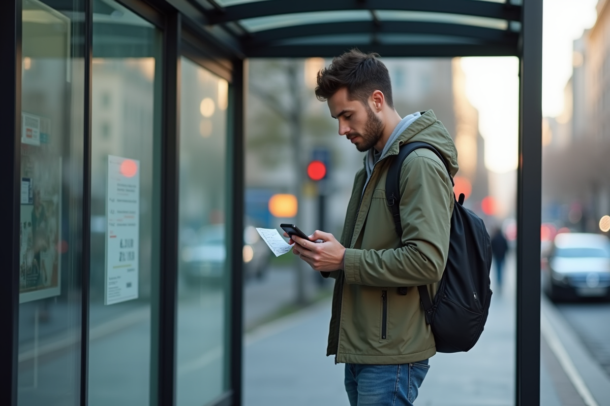 Jeune homme attendant au bus dans une ville animée