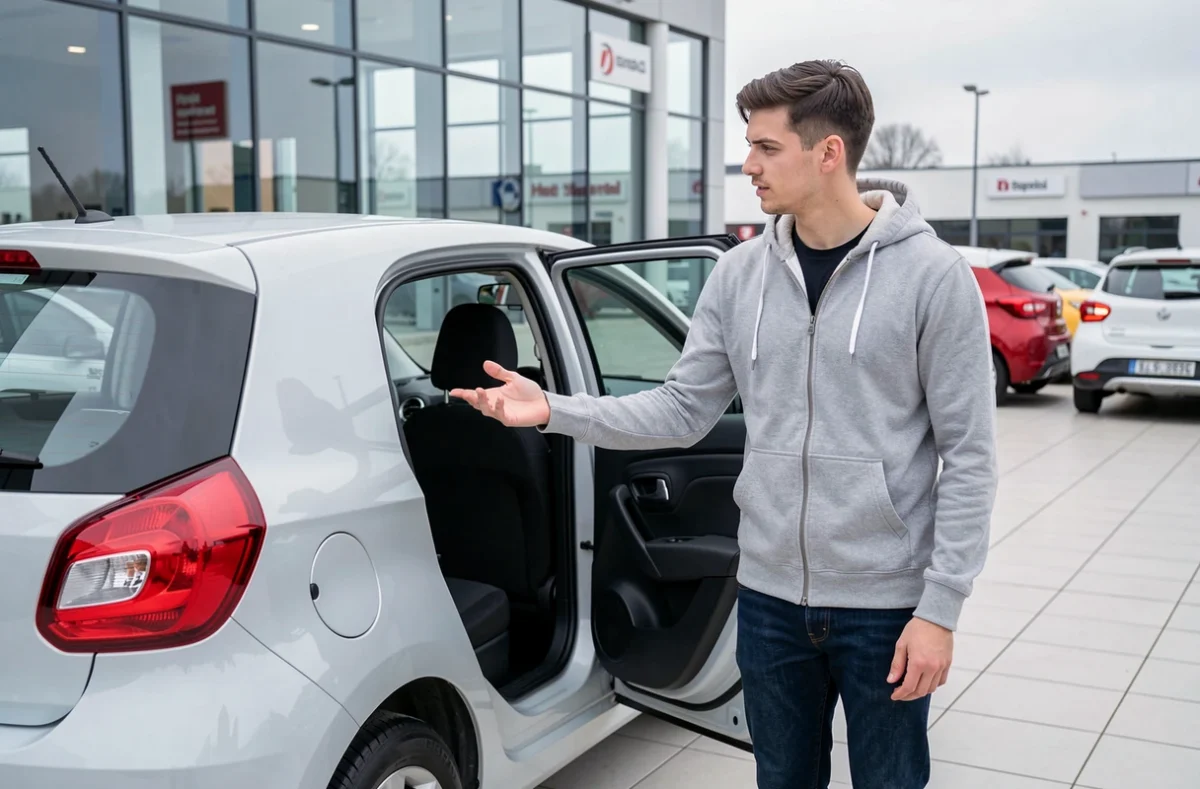 Jeune homme découvrant l'habitacle arrière d'une voiture sans permis quatre portes devant un concessionnaire