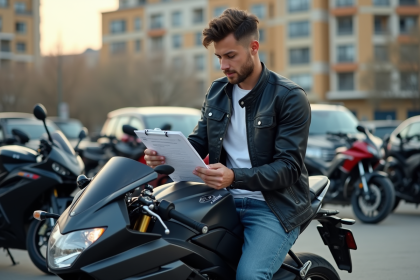 Jeune homme sur moto urbaine consulte ses documents d'assurance
