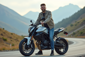 Jeune homme souriant à côté d'une moto futuriste 125cc en extérieur