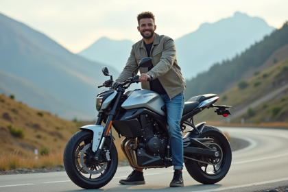 Jeune homme souriant à côté d'une moto futuriste 125cc en extérieur