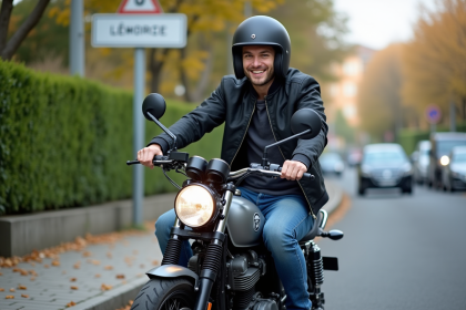 Jeune homme souriant sur une moto en banlieue française