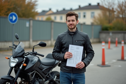 Jeune homme avec permis moto devant une moto en ville