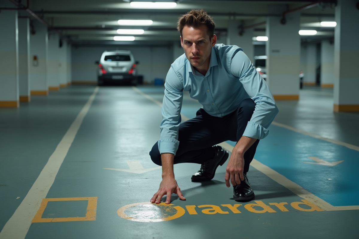 Jeune homme posant un panneau de stationnement interdit dans un parking souterrain