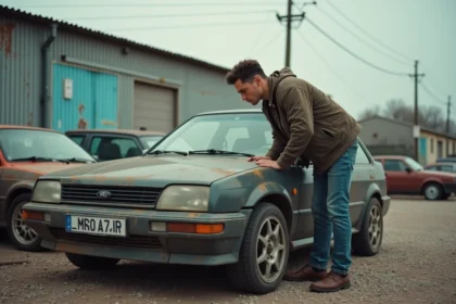Jeune homme curieux devant une voiture de rallye d'occasion