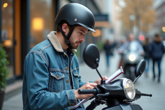 Jeune homme en scooter remplissant un formulaire d'assurance