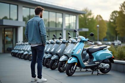 Jeune homme examine un scooter Dax 50cc en concession