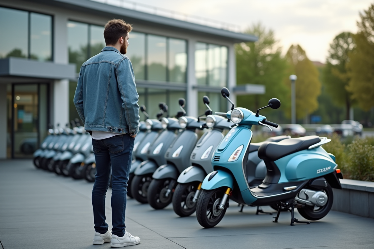 Jeune homme examine un scooter Dax 50cc en concession