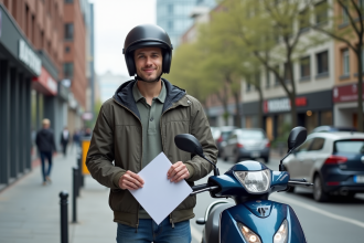 Jeune homme avec casque et scooter en ville