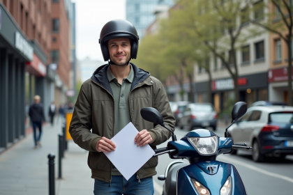 Jeune homme avec casque et scooter en ville