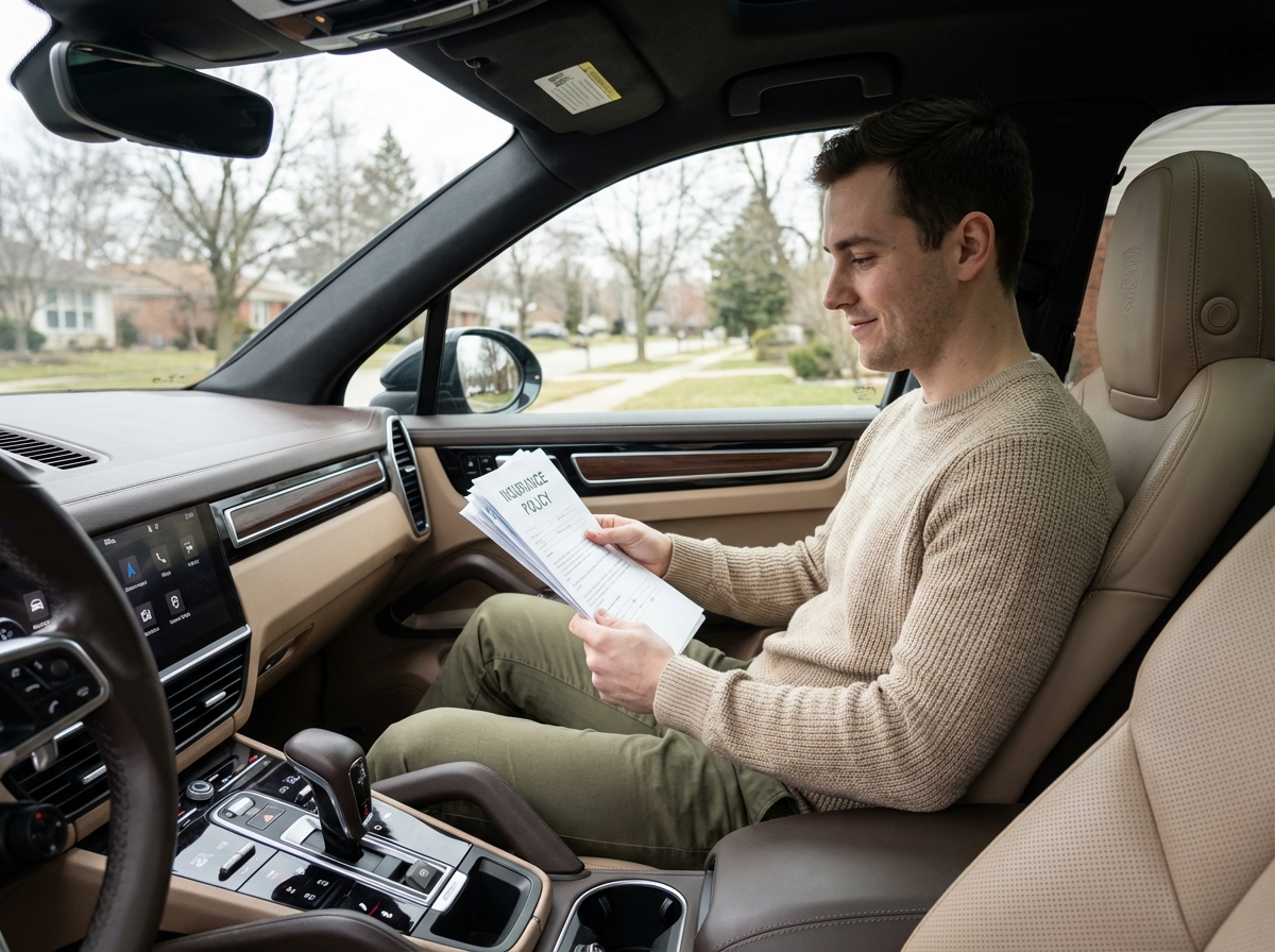 Jeune homme dans SUV Porsche avec documents d