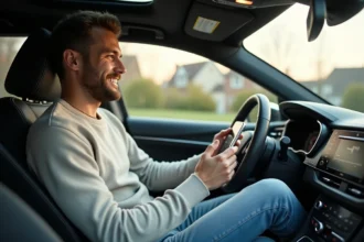 Jeune homme dans une voiture ajoutant une chanson Spotify