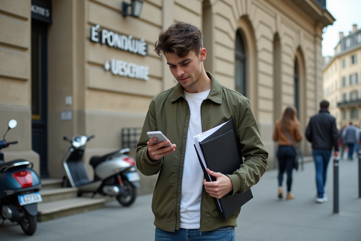 Jeune homme vérifiant son smartphone devant un bâtiment administratif