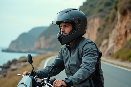 Jeune homme en veste moto et casque sur route côtière