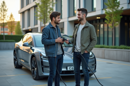 Jeune homme avec voiture électrique moderne en ville