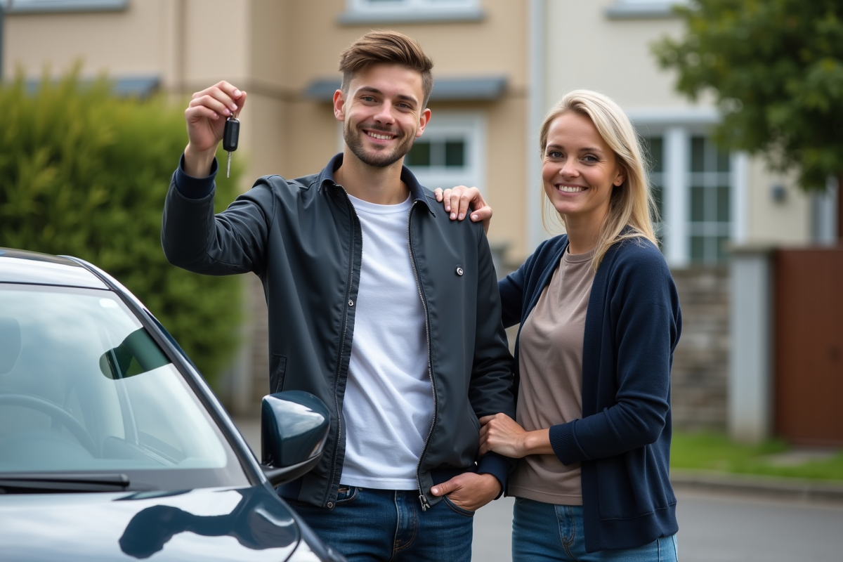 Jeune homme souriant tenant la clé de voiture devant sa voiture