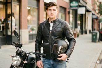 Jeune motard en veste noire debout à côté d'une moto 125cc en ville, illustrant le profil d'un conducteur pour une assurance moto
