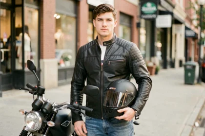 Jeune motard en veste noire debout à côté d'une moto 125cc en ville, illustrant le profil d'un conducteur pour une assurance moto