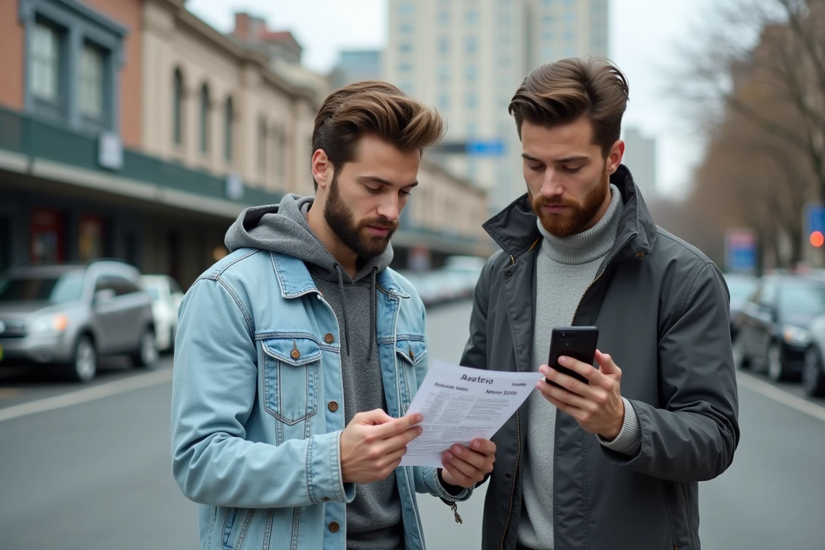 Deux jeunes hommes consultent itinéraire dans un parking urbain