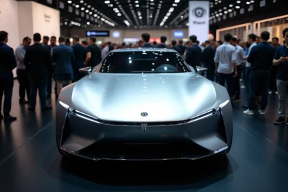 Voiture de marque commençant par X exposée lors d'un salon automobile intérieur devant un public de visiteurs