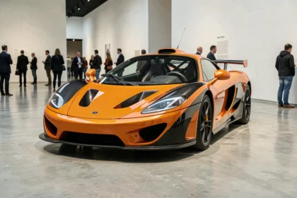 McLaren F1 exposée dans un musée automobile, vue de trois quarts avant sur sol en béton poli, carrosserie orange papaye et carbone brillant