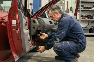 Mécanicien examinant le dessous du tableau de bord d'une Renault Clio 2 pour localiser l'anti-démarrage
