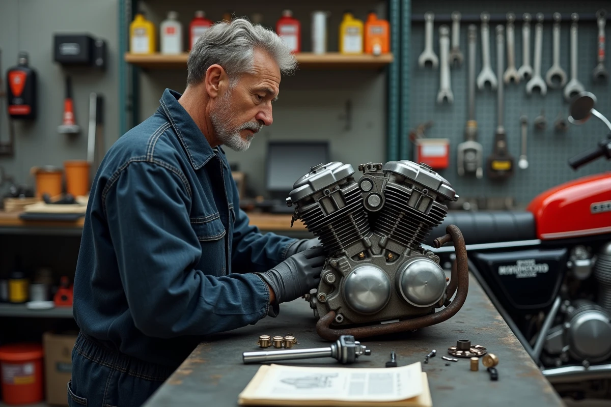 Mécanicien inspectant le moteur démonté d'une Honda CB 900 dans un atelier moto, illustrant les coûts d'entretien
