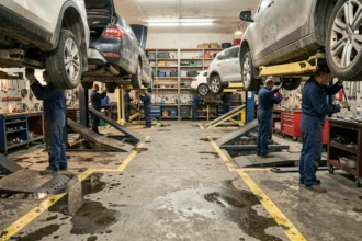 Vue d'ensemble d'un atelier de mécanique automobile dans les Hauts-de-Seine avec plusieurs mécaniciens au travail