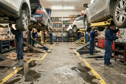 Vue d'ensemble d'un atelier de mécanique automobile dans les Hauts-de-Seine avec plusieurs mécaniciens au travail