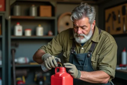 Mécanicien versant de l'huile deux temps dans un jerrican d'essence rouge dans un atelier de garage