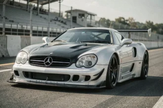 Mercedes-Benz CLK GTR vue de trois quarts avant sur un circuit de course abandonné, carrosserie argent et noire avec détails aérodynamiques imposants