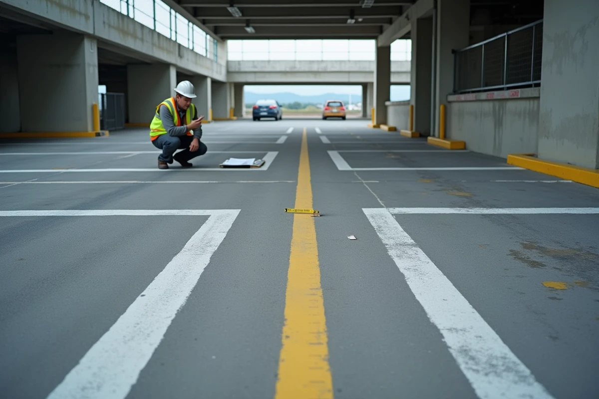 Vue grand angle d'un parking extérieur avec ruban de mesure entre les places et fiches de dimensions sur pince-notes tenues par un géomètre