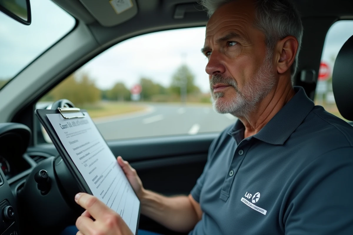 Moniteur d'auto-école remplissant une grille d'évaluation lors d'une leçon de conduite accompagnée