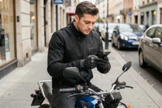 Jeune motard assis sur une 125 cc en ville consultant son smartphone pour comparer des offres d'assurance moto