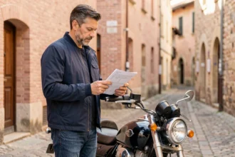 Motard à Toulouse consultant des documents d'assurance moto devant une rue en briques roses