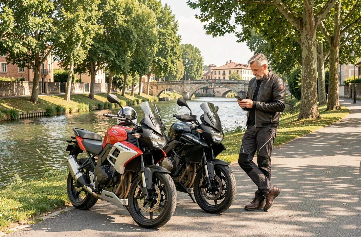 Motard comparant des offres d'assurance moto sur smartphone au bord du Canal du Midi à Toulouse
