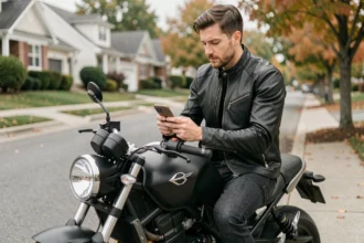 Motard comparant des offres d'assurance moto pas chère sur son smartphone, assis sur sa moto dans une rue résidentielle